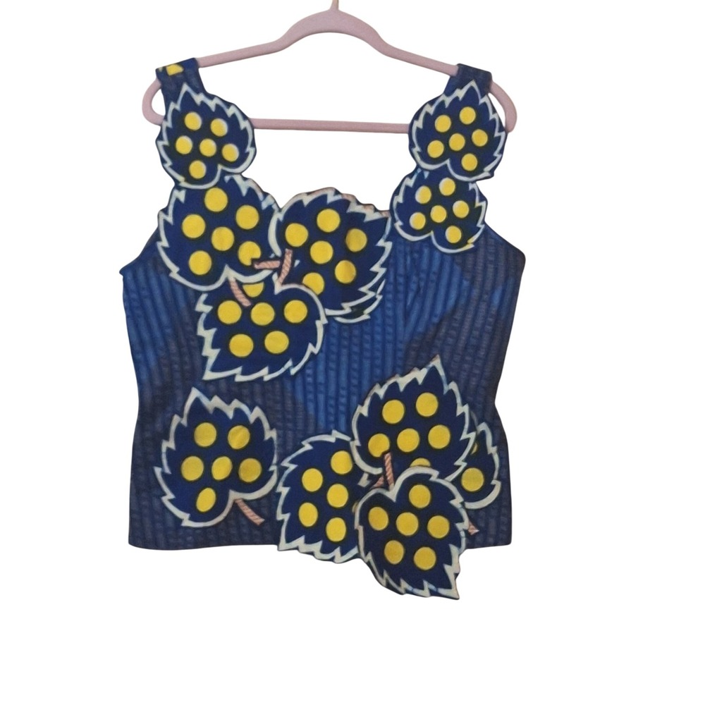 Unique‎ Handmade Blue Leaf Print Crop Top Women's FestivalSleeveless Artsy